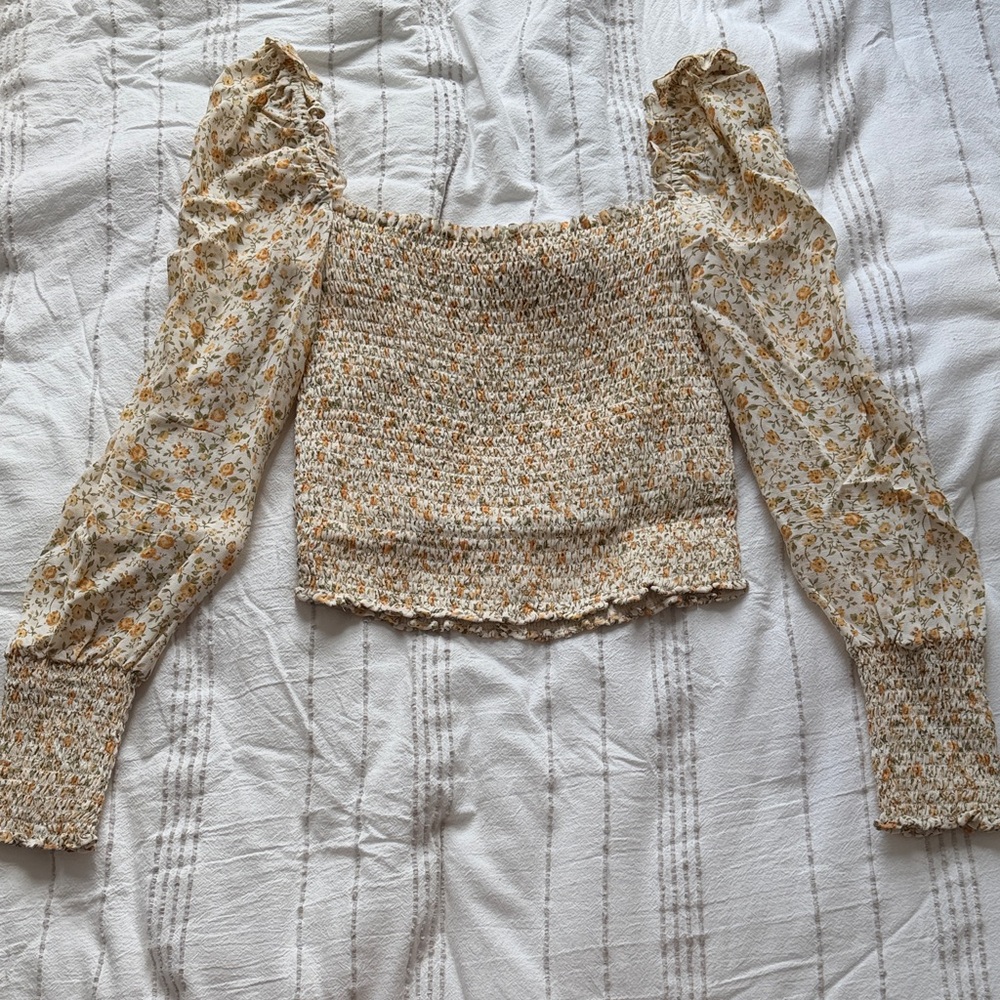 Reformation Smocked Floral Puff-Sleeve Top - Cream/Mustard